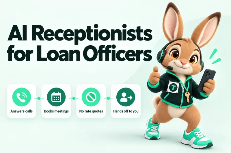 Infographic: AI Receptionists for Loan Officers — Answers calls; Books meetings; No rate quotes; Hands off to you. Tavi the hare mascot wearing a headset beside an unbranded phone.