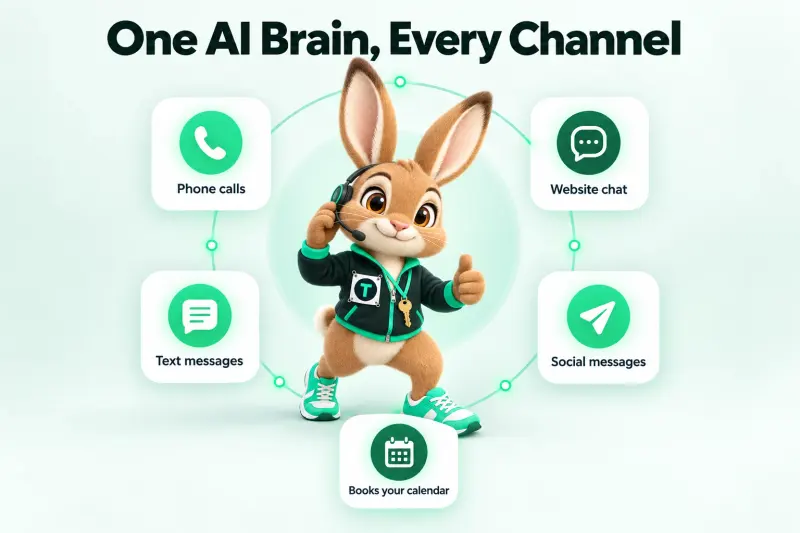 Infographic: One AI Brain, Every Channel — Phone calls; Website chat; Social messages; Text messages; Books your calendar. Tavi the hare mascot in the center wearing a small headset.