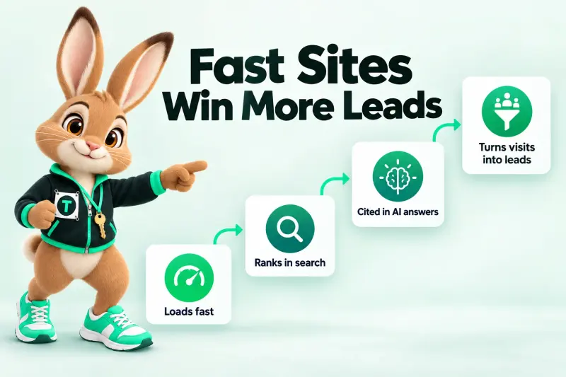 Infographic: Fast Sites Win More Leads — Loads fast; Ranks in search; Cited in AI answers; Turns visits into leads. Tavi the hare mascot on the left pointing at the chain of cards.
