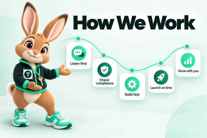 Infographic: How We Work — Listen first; Check compliance; Build fast; Launch on time; Grow with you. Tavi the hare mascot presenting toward a circle of steps.