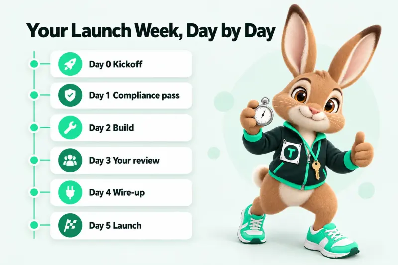 Infographic: Your Launch Week, Day by Day — Day 0 Kickoff; Day 1 Compliance pass; Day 2 Build; Day 3 Your review; Day 4 Wire-up; Day 5 Launch. Tavi the hare mascot standing at the right holding a stopwatch up.