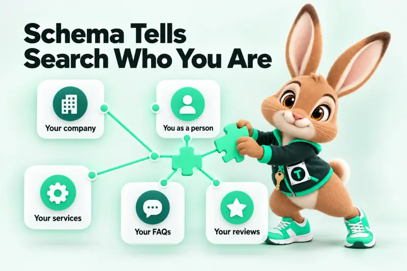 Infographic: Schema Tells Search Who You Are — Your company; You as a person; Your services; Your FAQs; Your reviews. Tavi the hare mascot connecting puzzle pieces into a graph.