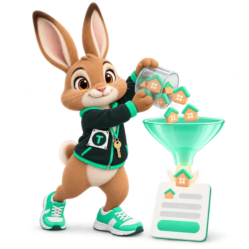 Tavi the hare mascot pouring small house-shaped tokens into a big friendly mint funnel that drops them onto a blank form card — loan-program funnels capture leads.