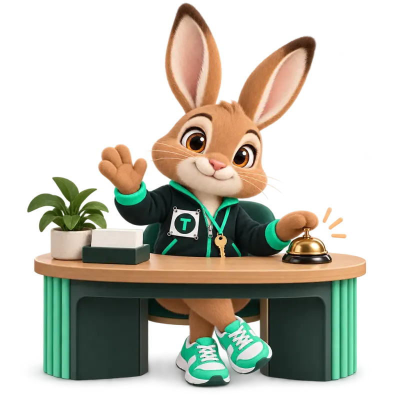 Tavi the hare mascot sitting at a small help-desk counter with a bell and a stack of blank cards — help desk.