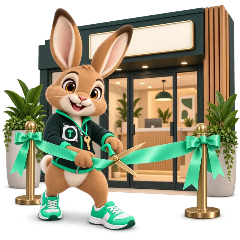 Tavi the hare mascot cutting a mint ribbon in front of a small modern storefront office with a blank sign — grand opening of the brokerage.
