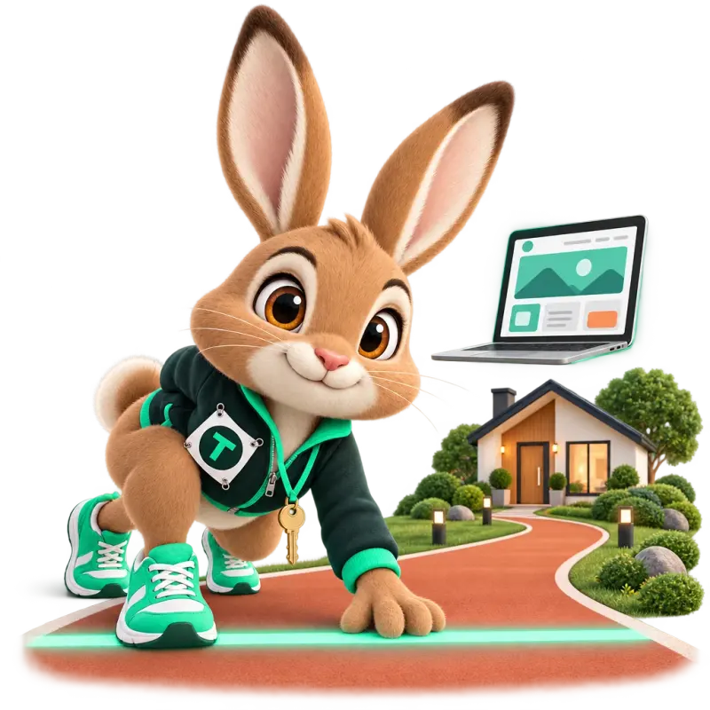 Tavi the hare mascot crouched at a running start line — Tavi is ready to launch your site now.