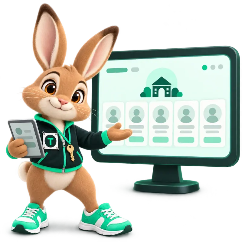 Tavi the hare mascot standing in front of a row of five small blank profile cards on a big screen — one site for the whole branch.