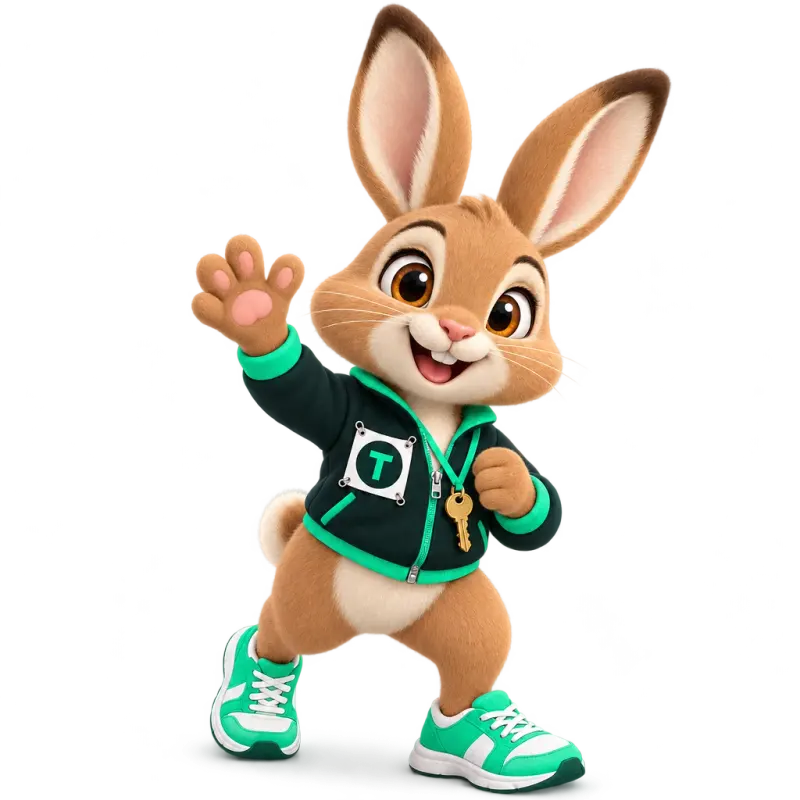Tavi the hare mascot waving hello with a big smile — meet the mascot.